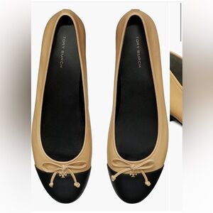 NEW Tory Burch Cap Toe Ballet Flats Bow Ginger Shortbread Black 9